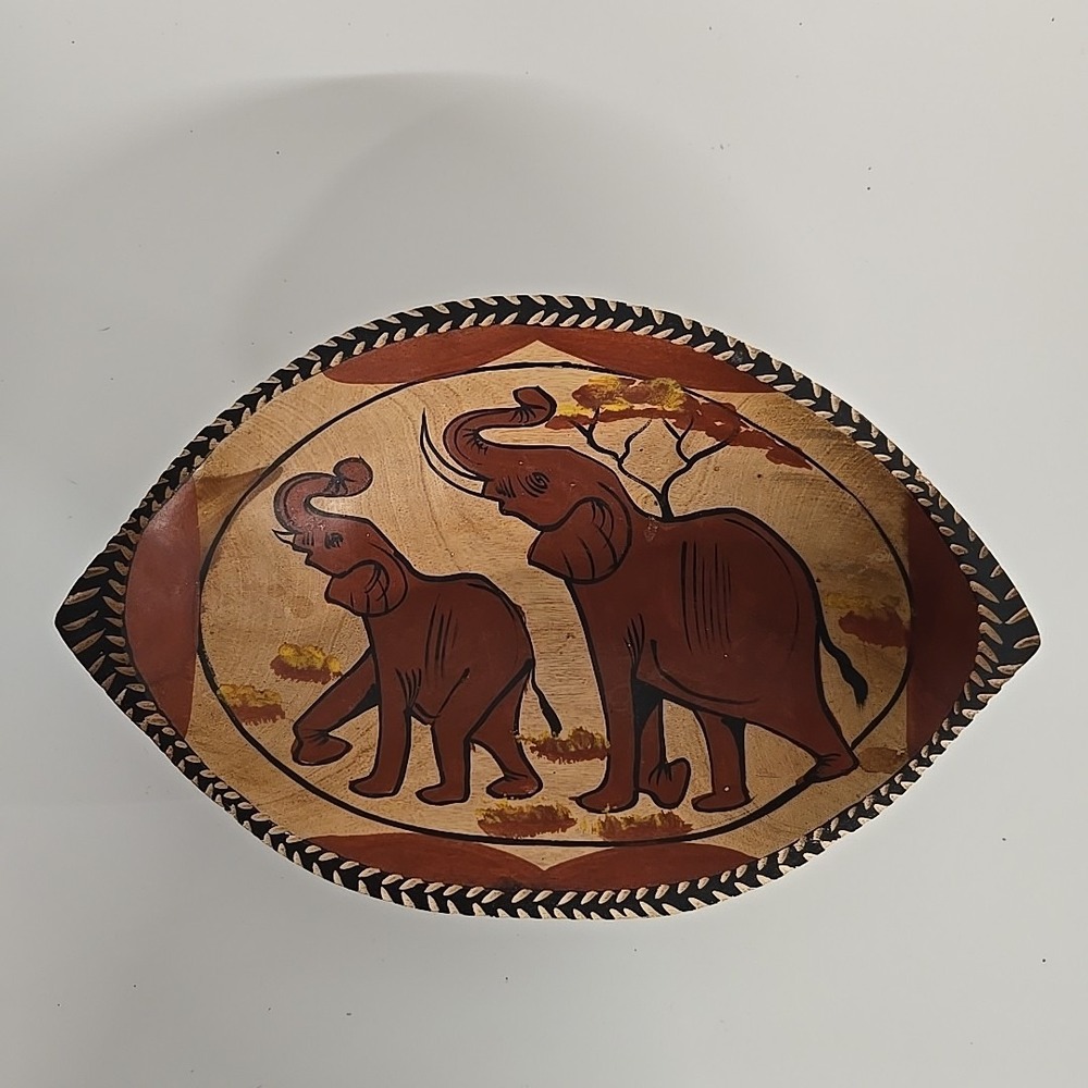 Handcrafted Decorative Carved‎ Wood Oval Bowl - Elephants 14"x 9"x3"
